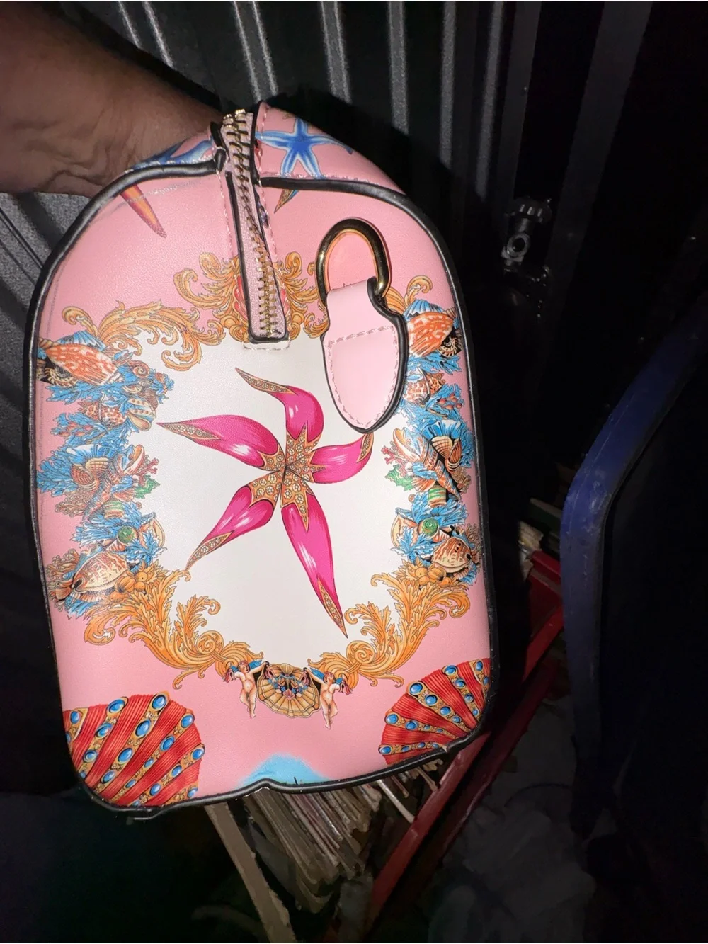 Seashell-Print Pink Satchel with Gold Accents